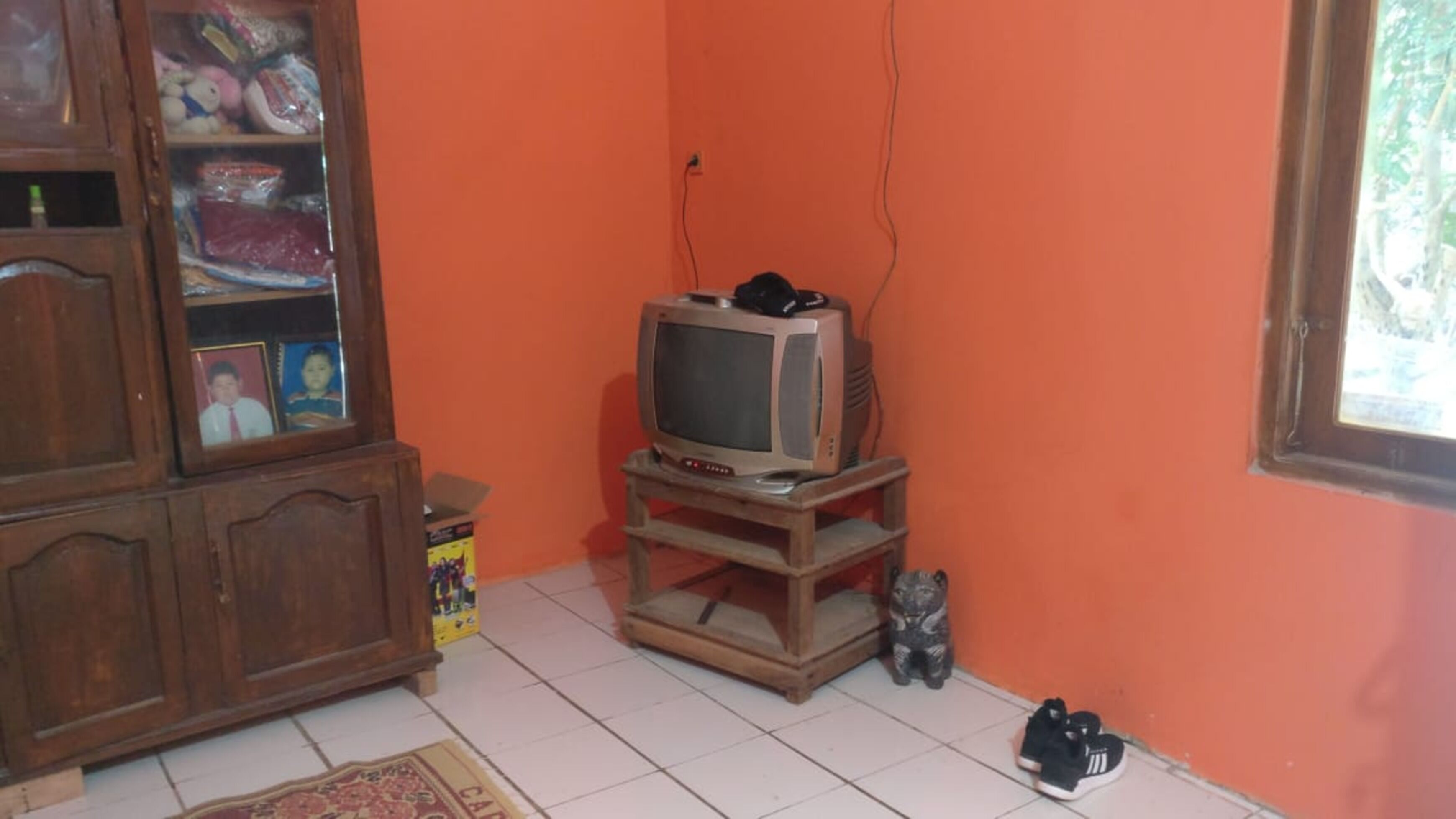 A room with a wooden cabinet, a television on a wooden stand, a pair of shoes, and a window with a view of trees.