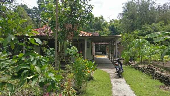 A house with a tiled roof, surrounded by lush greenery and a motorcycle parked in front. - Homestay Miftah Syariah - Hostel (Bantul)