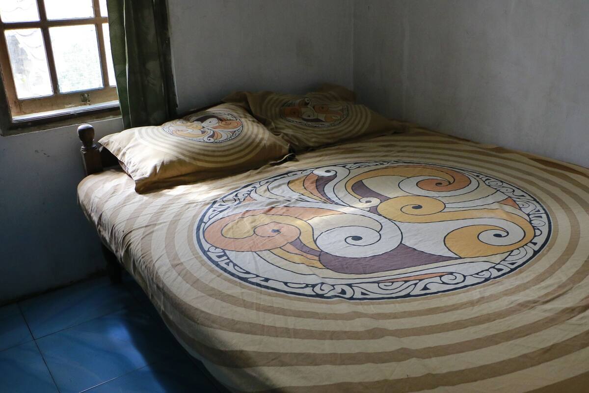 A single bed with a patterned bedspread and two pillows, a window with a view of greenery, and a plain wall.