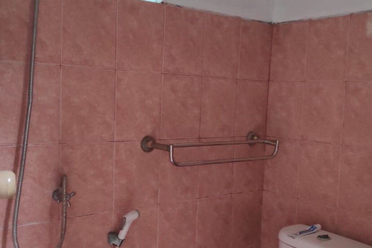 A bathroom with pink tiles, a shower, a toilet, and a window with decorative glass.