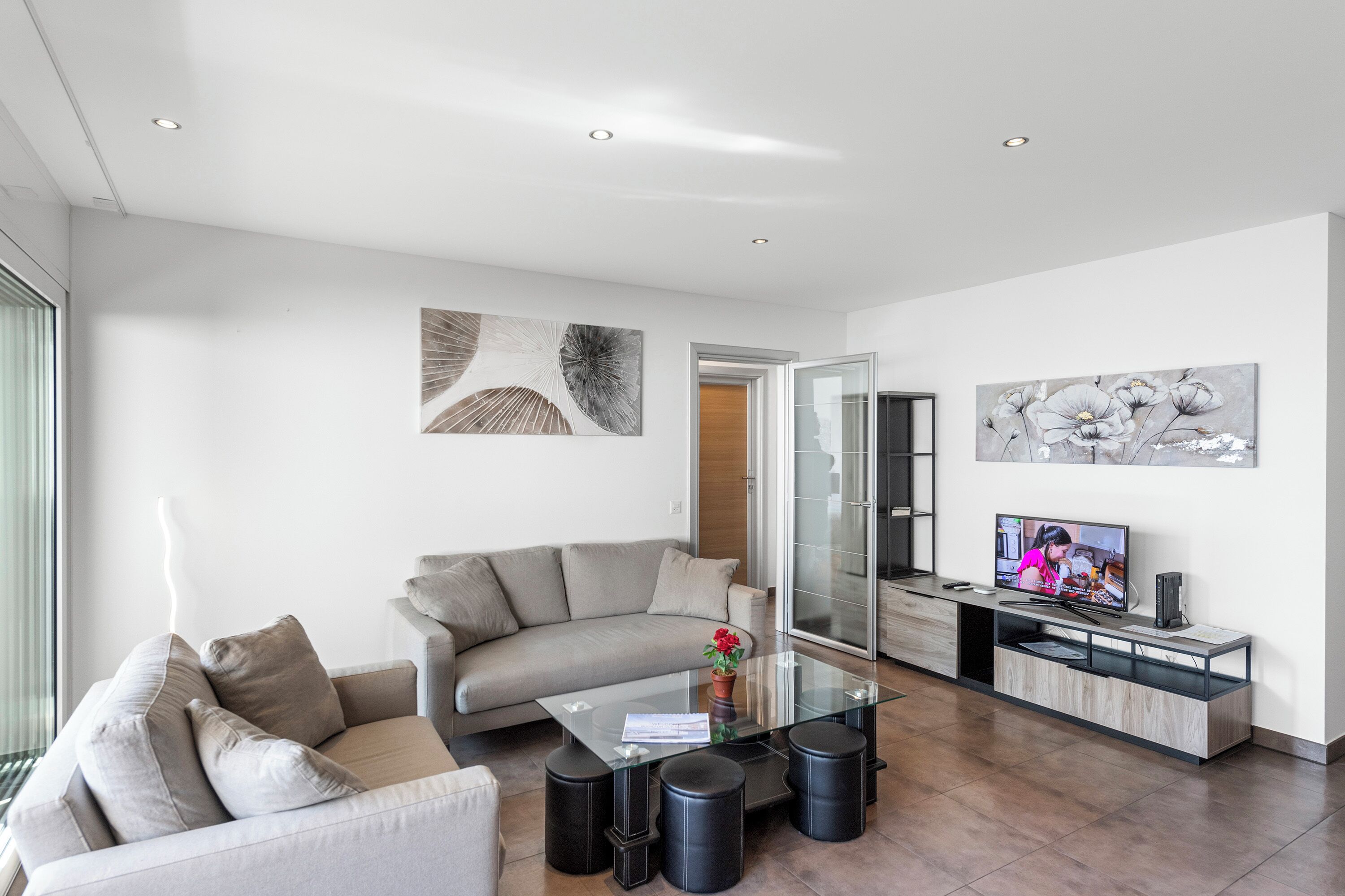 22-inch flat-screen TV with cable channels, TV