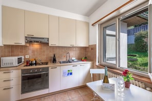 Una cocina equipada con horno, microondas y fregadero. Se aprecia una ventana con vistas a la vegetación.