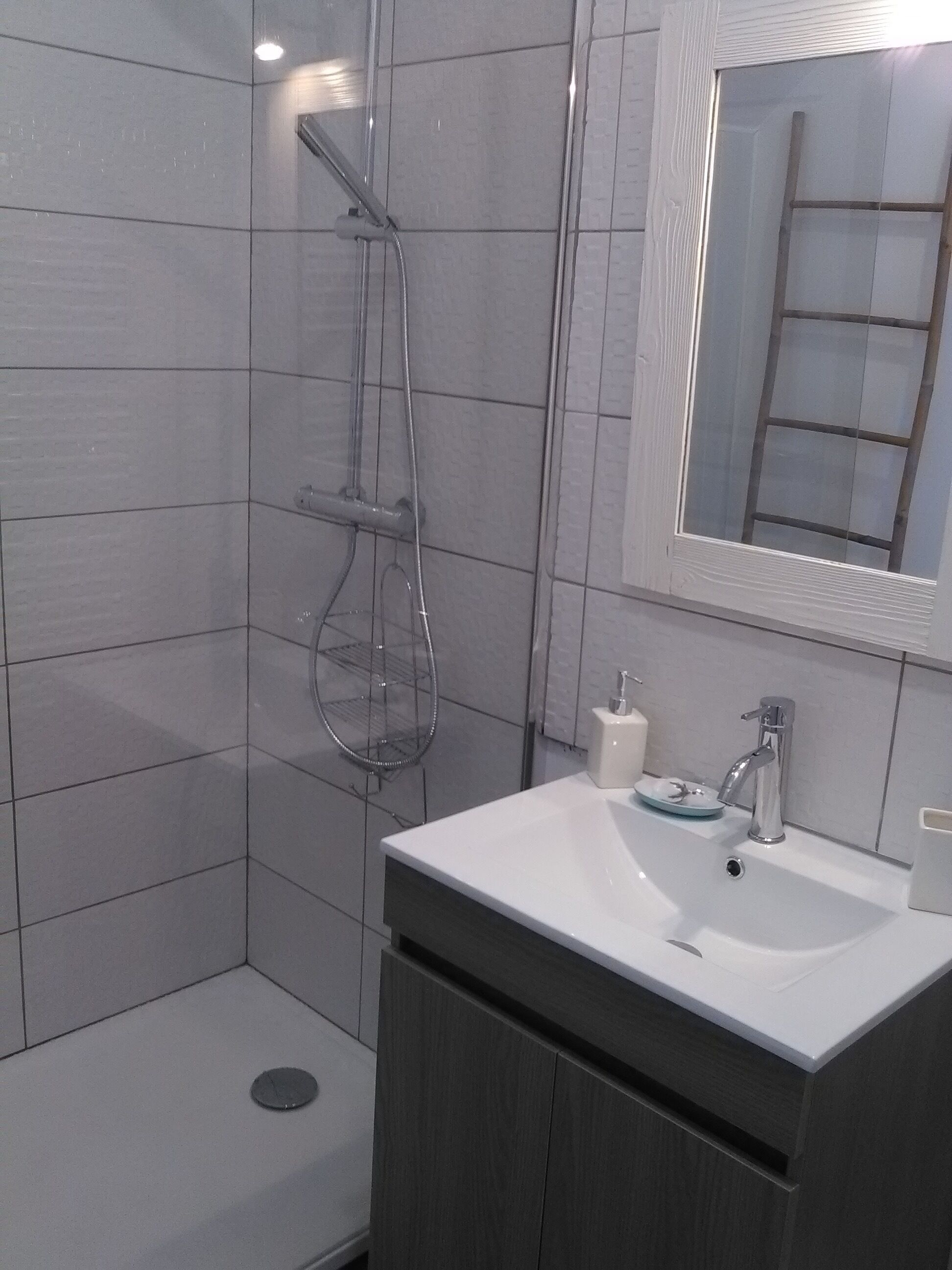 A modern bathroom with a shower, a sink, and a mirror.