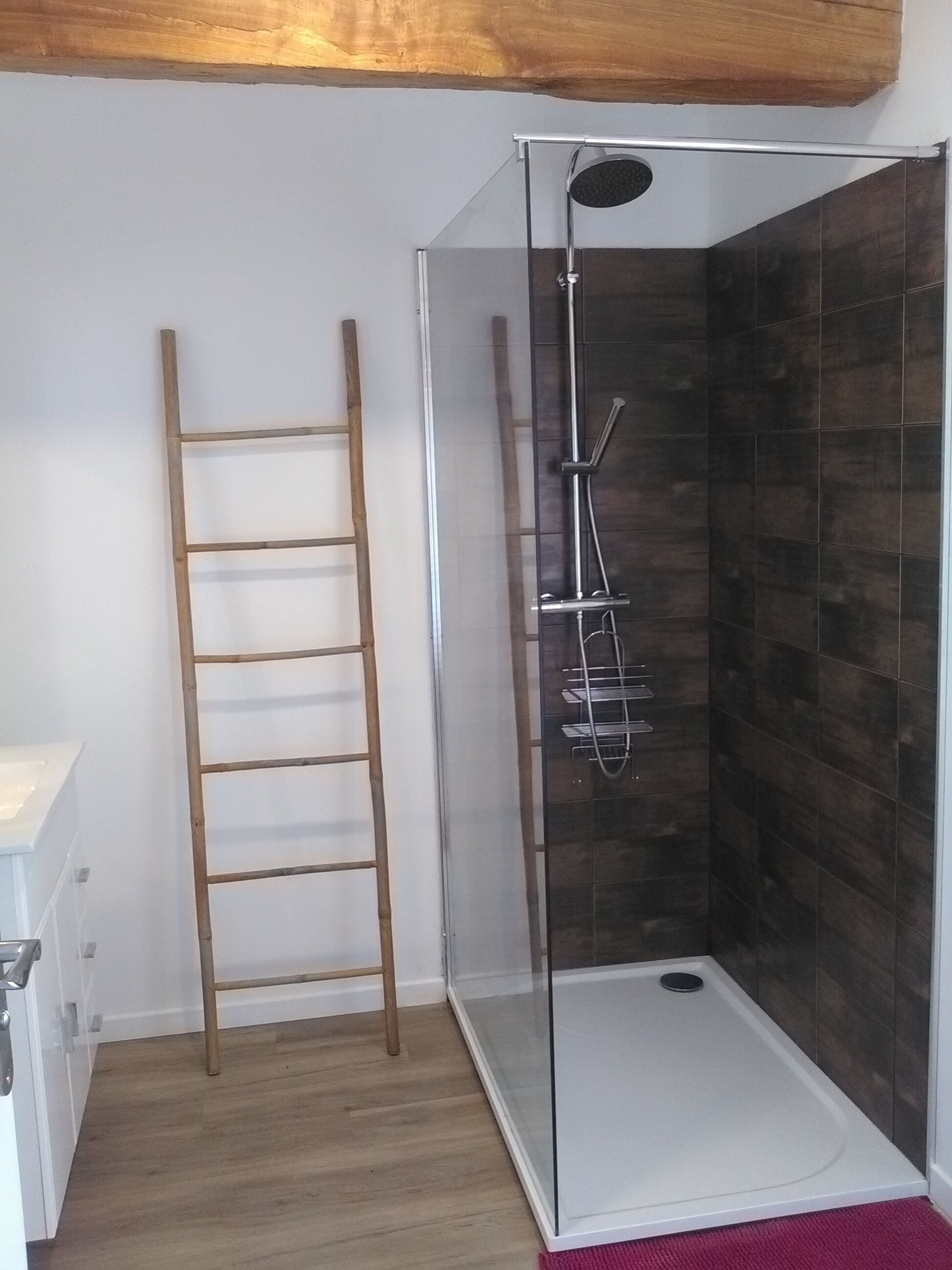 Een moderne badkamer met een douchecabine van glas, een houten trapje en donkere betegelde muren.