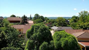 A residential area with houses, trees, and a clear blue sky.