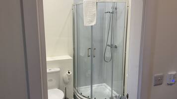 A modern bathroom with a glass-enclosed shower, a toilet, and a bidet.