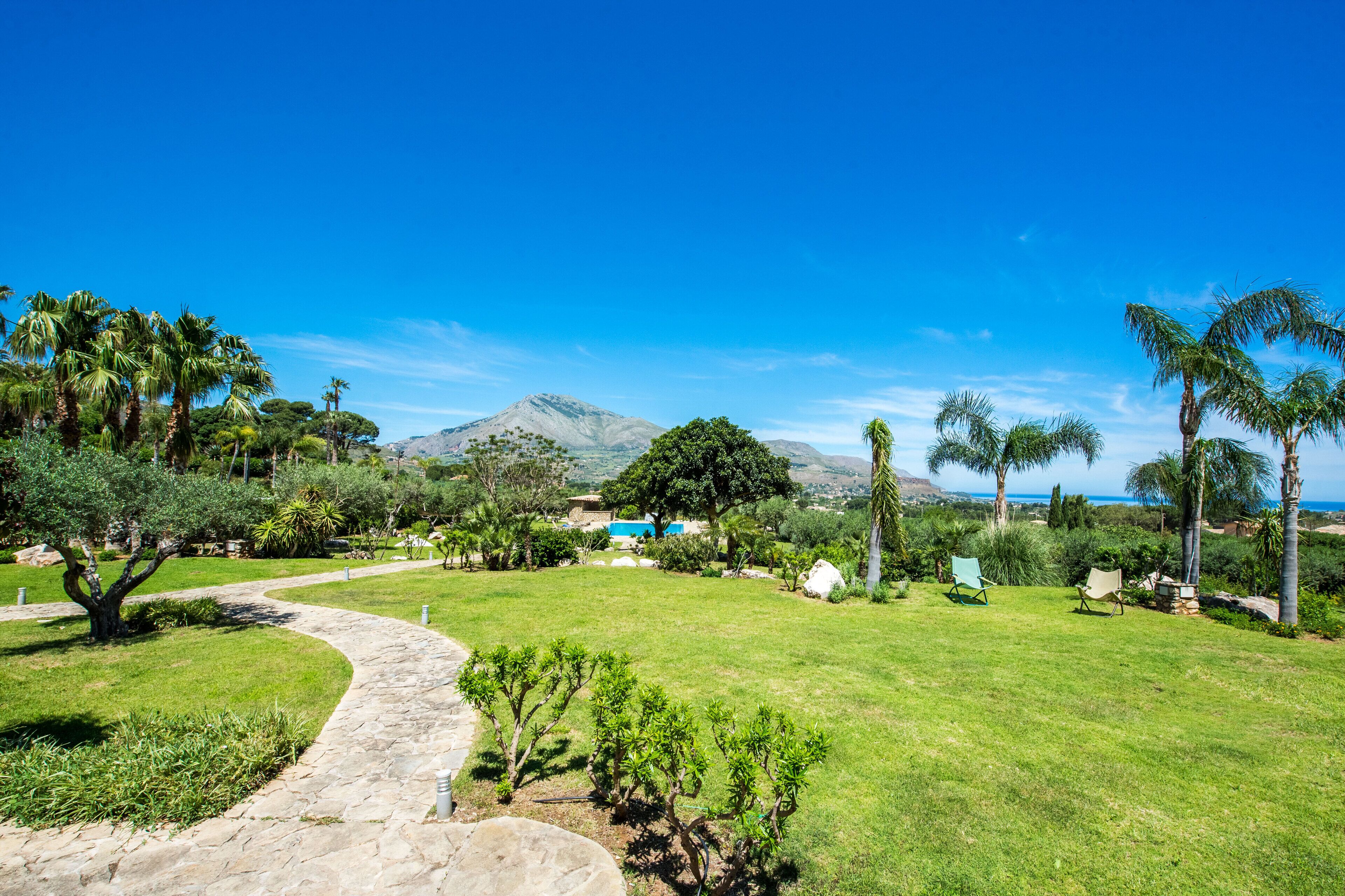 Un jardin aménagé avec un sentier en pierre, des palmiers et une montagne en arrière-plan.