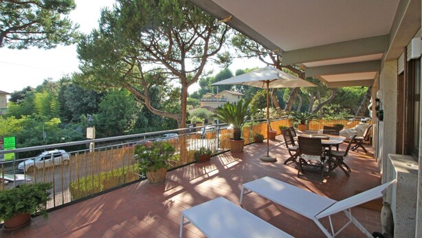 A covered outdoor patio with a table and chairs, surrounded by potted plants and a view of trees and houses. - Wonderful  villa for 6 people with WIFI, TV, terrace and panoramic view, close to Forte Dei Marmi (Marina Dei Ronchi)