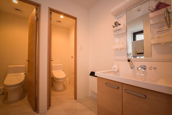 Hair dryer, towels, soap