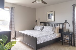 3 bedrooms, blackout drapes, iron/ironing board, travel crib