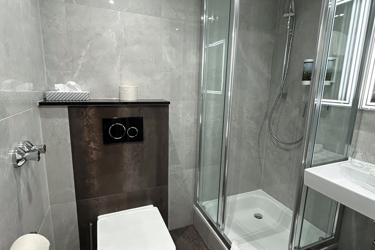 hair dryer, towels, soap, shampoo