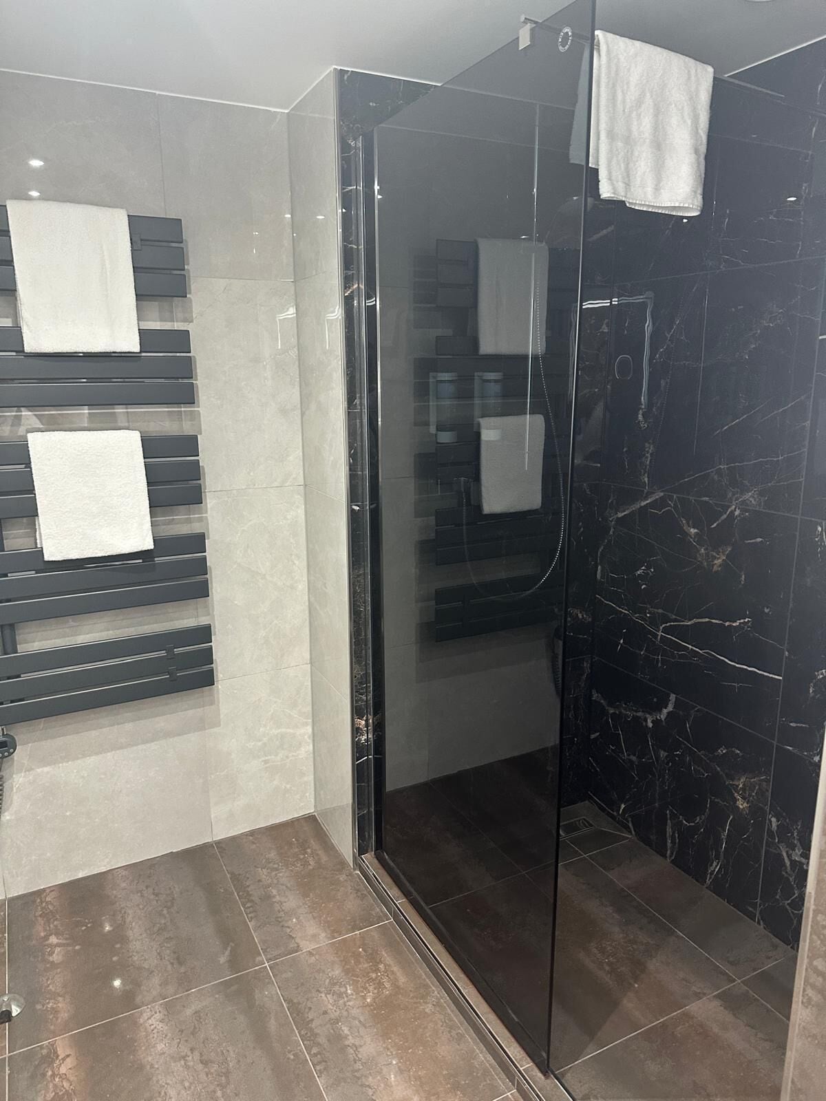 hair dryer, towels, soap, shampoo