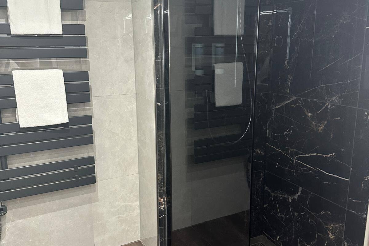 hair dryer, towels, soap, shampoo