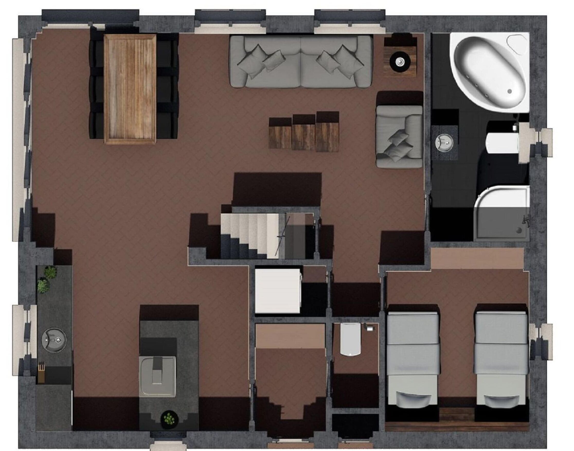 Disposizione di una camera d'albergo con letto, scrivania, sedia, divano, un tavolino e bagno.