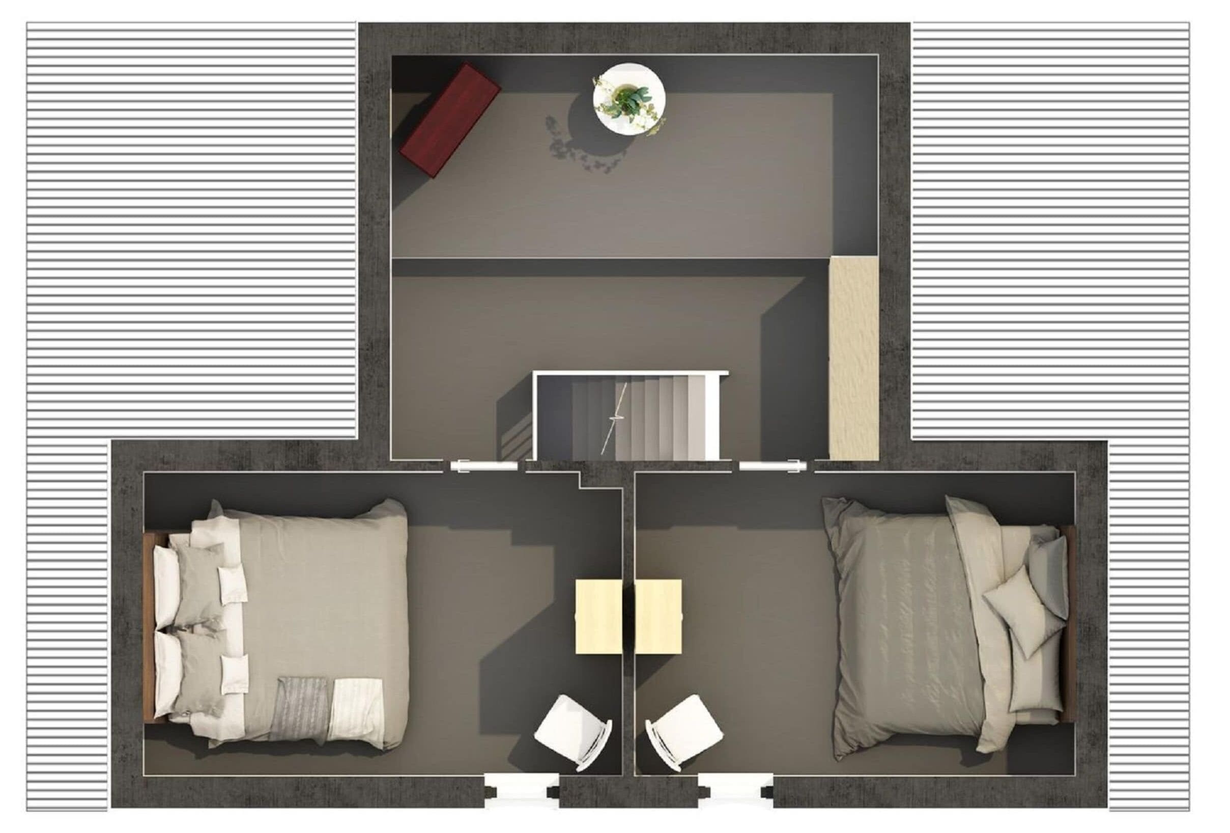 A floor plan of a hotel room with two beds, a small table, a chair, and a window.