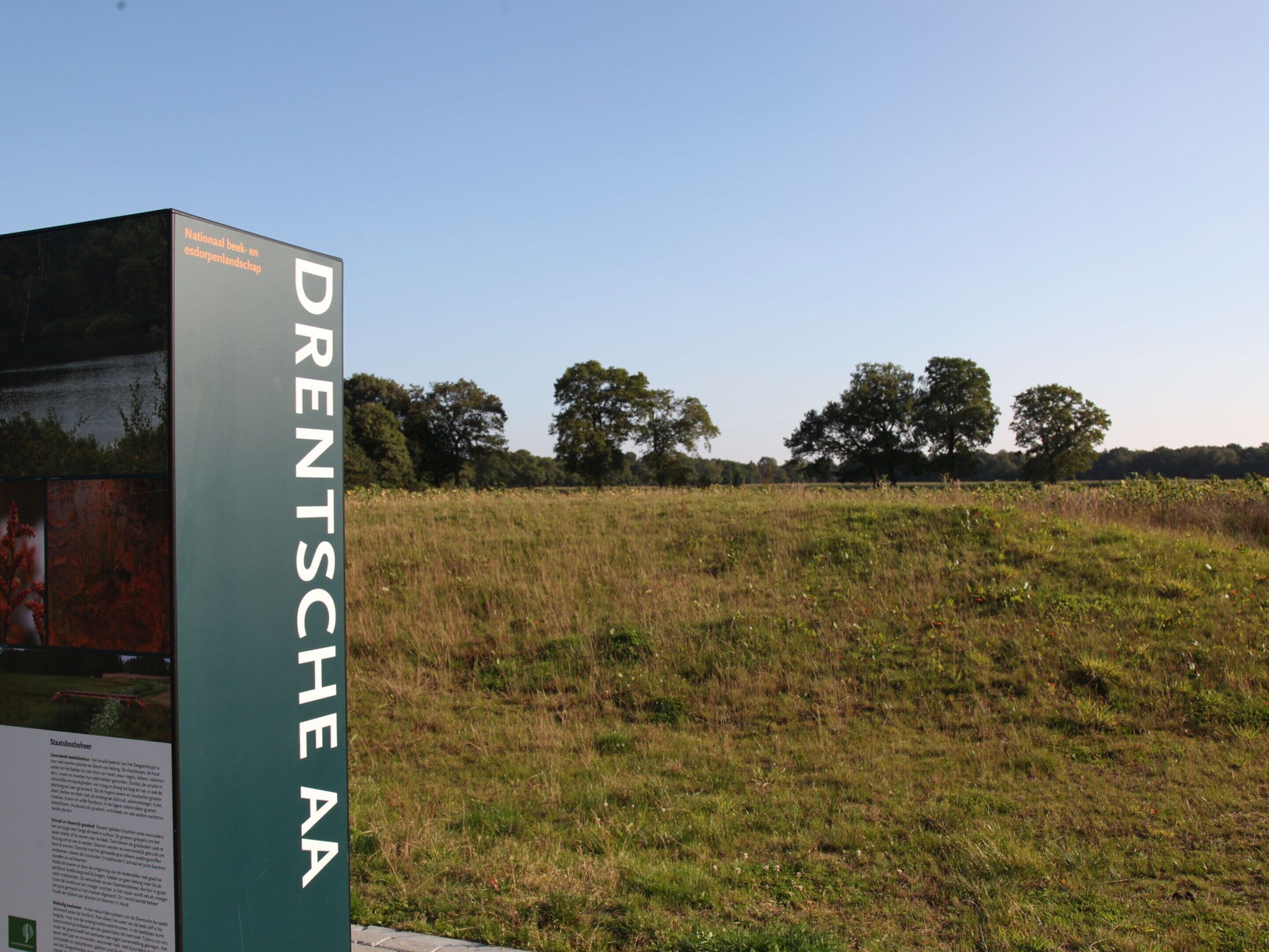 A sign with the text "DRETSCHE AA" in a field with trees and grass.