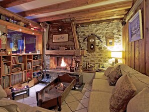 Chalet | Living room | Fireplace, DVD player - Superb Savoyard Traditional Chalet Located 500 m From the Slopes (Peisey-Nancroix)