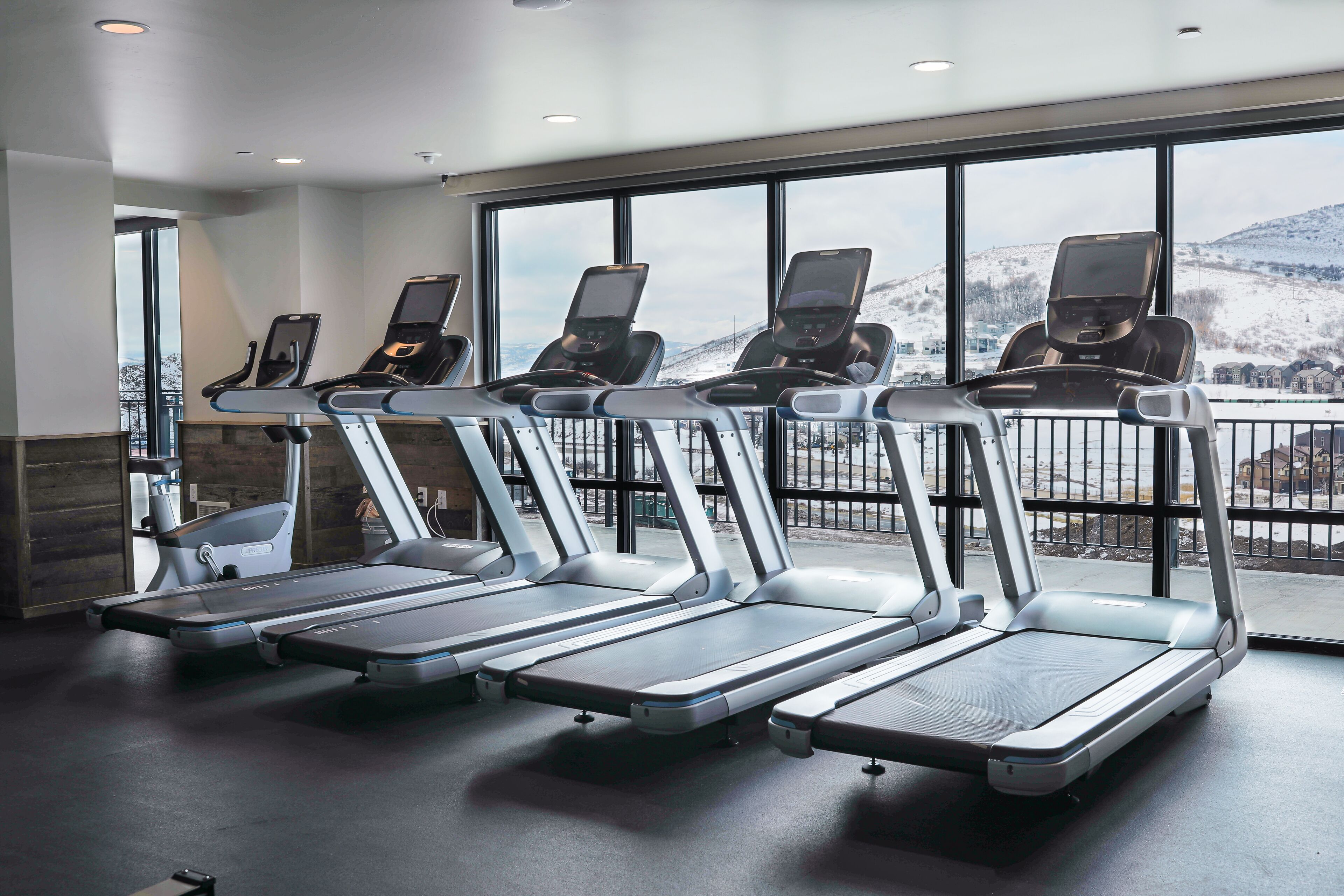 A gym with treadmills aligned in a row, large windows with a snowy mountain view, and a modern interior design.