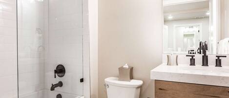 A modern bathroom with a glass-enclosed shower, a toilet, and a vanity with a mirror.