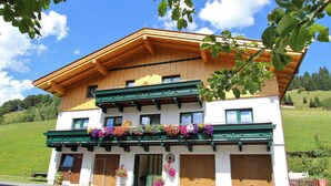 Eine zweigeschossige Chalet mit Holzfassade, grünen Balkonen und Blumenkästen.