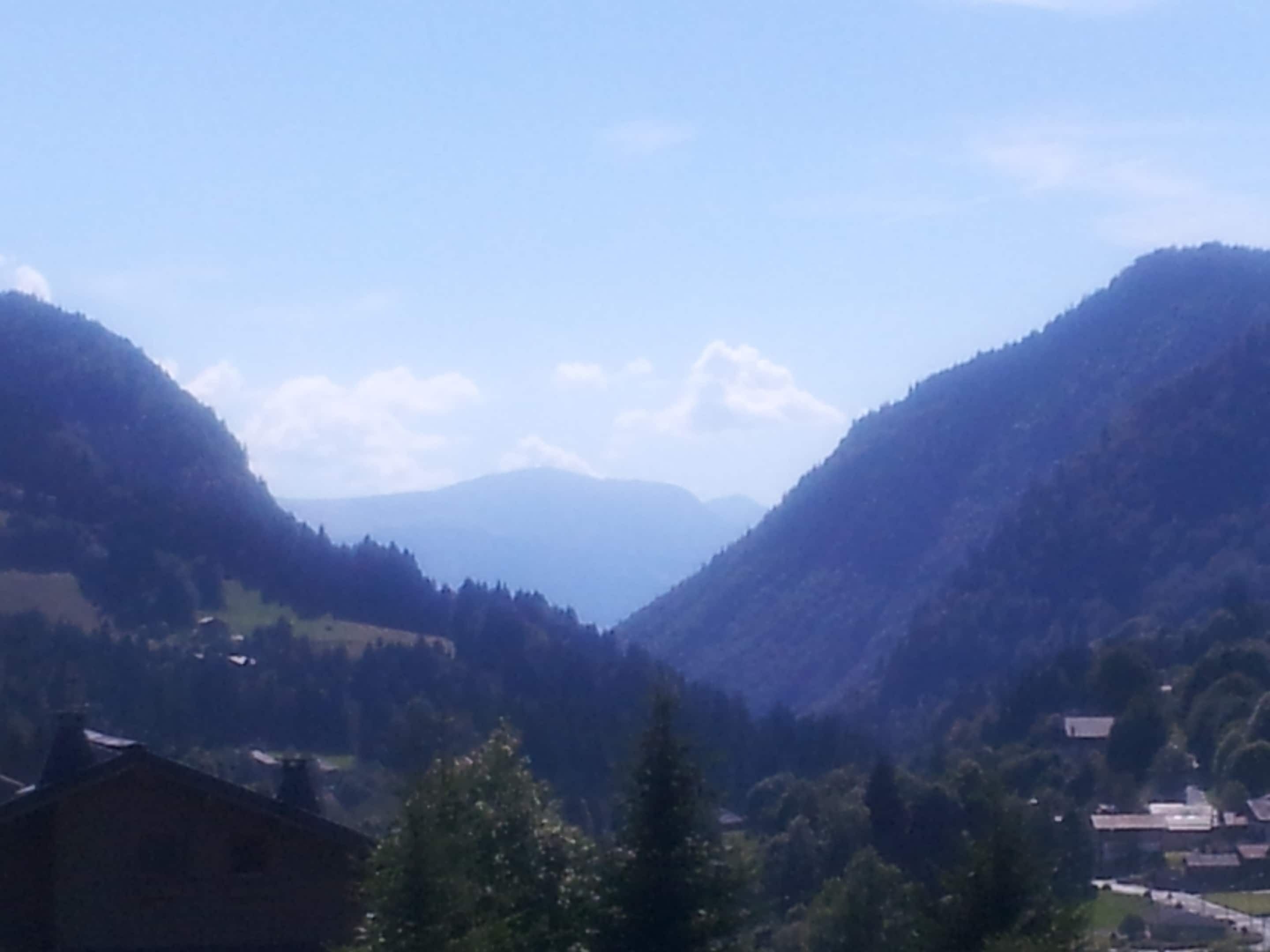 Eine gebirgige Landschaft mit einem Tal, Häusern und Bäumen.