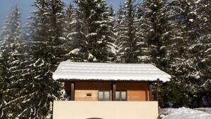 Eine Holzhütte mit schneebedecktem Dach, umgeben von schneebedeckten Bäumen.