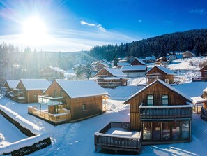 Un villaggio innevato con case di legno, tra cui una con balcone e una con veranda chiusa in vetro.