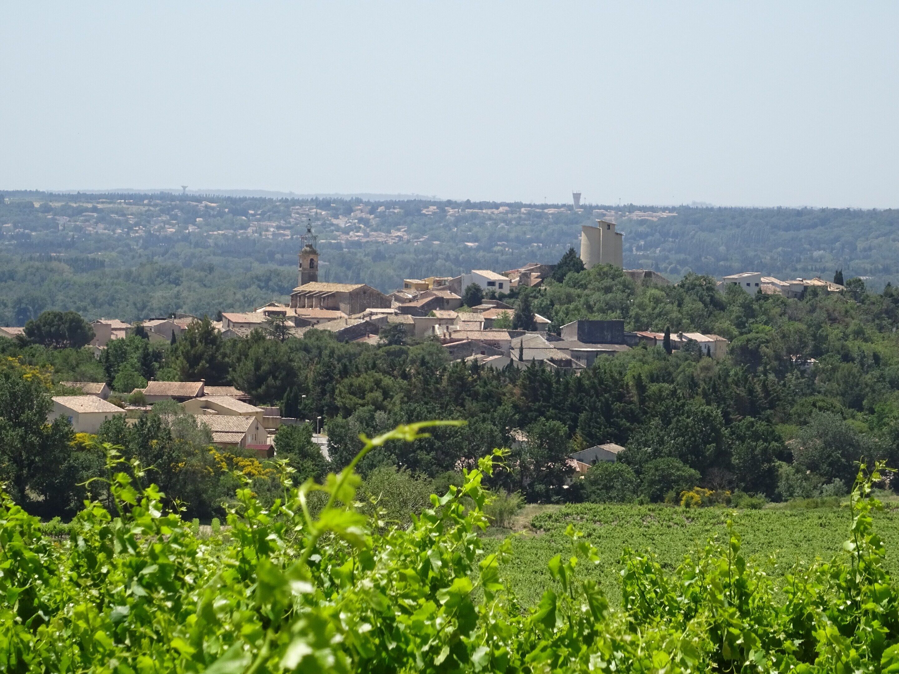 Un village rural avec des bâtiments traditionnels, une église et une tour.