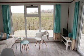 Une pièce comprenant un canapé, un fauteuil, une petite table, un téléviseur et donnant sur un champ clôturé grâce à de grandes fenêtres.
