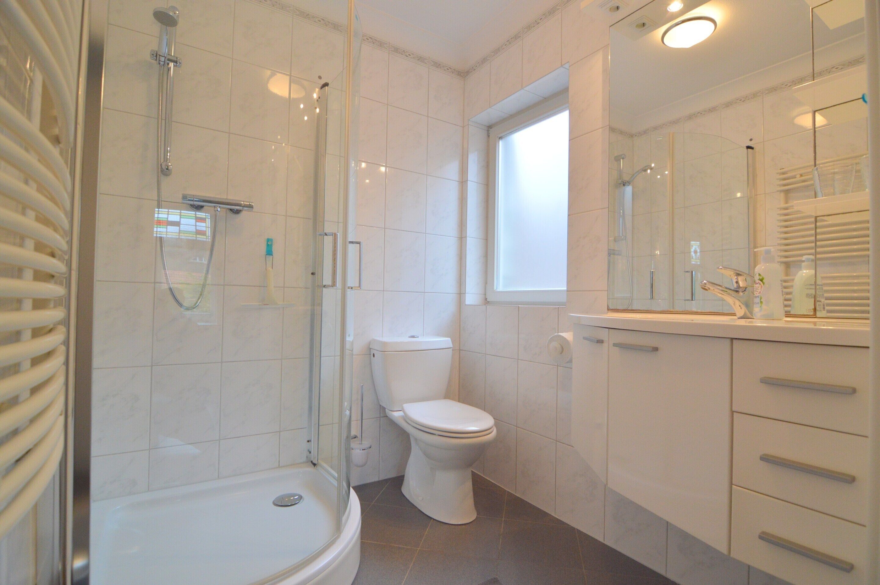 A modern bathroom with a glass-enclosed shower, a toilet, and a vanity with a mirror.