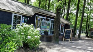 A rustic building with a thatched roof, surrounded by lush greenery and trees. - Glamping With Comfort in Ijhorst (IJhorst)