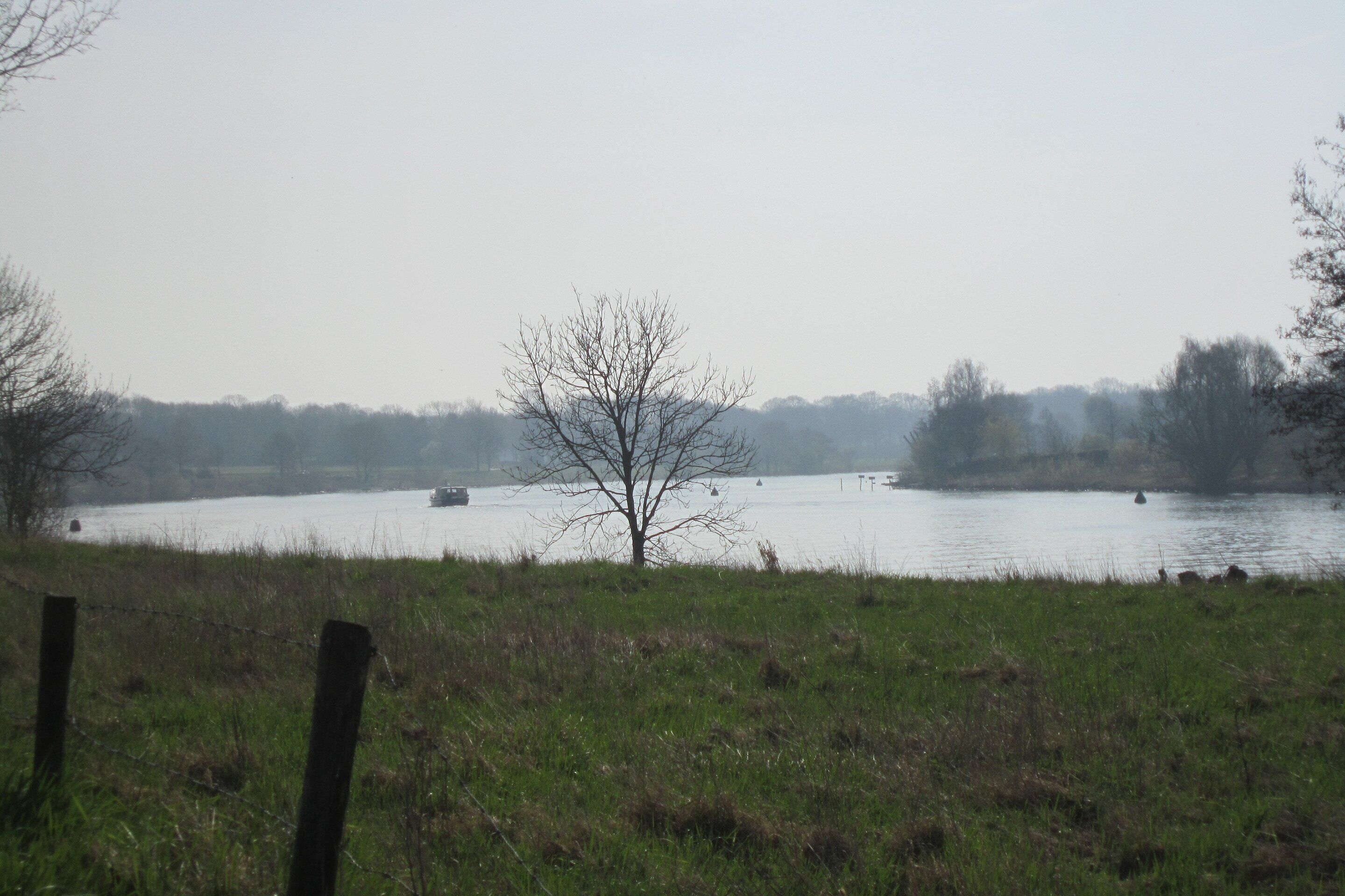A river with boats, a tree, and a grassy area with a fence.