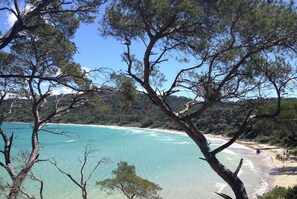 A coastal landscape with clear turquoise waters, a sandy beach, and dense pine trees. - Holiday Home in Carqueiranne by the Sea (Carqueiranne)