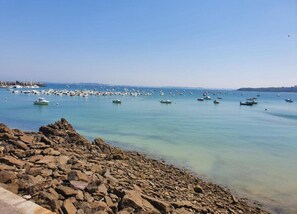 Una costa rocosa con agua tranquila y numerosos barcos.