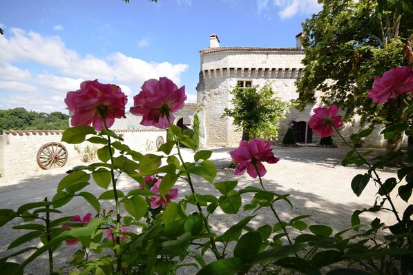 A stone building with a wheel in the foreground, surrounded by greenery and pink flowers.
