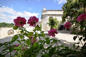A stone building with a wheel in the foreground, surrounded by greenery and pink flowers.