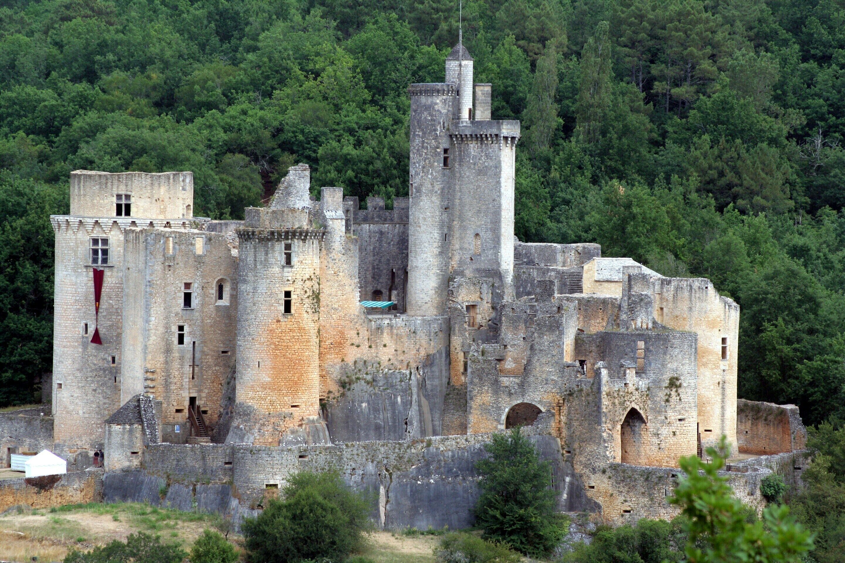 A historic castle with multiple towers and a fortified wall, surrounded by dense forest.