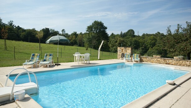 A swimming pool with lounge chairs and a stone structure. - Historic Dordogne Escape (Loubejac)