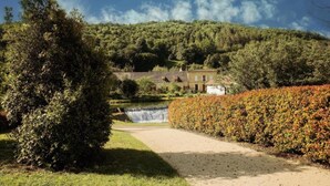 A pathway leading to a house with a waterfall in the background. - Holiday Home in Dordogne Near Lascaux Cave (Les Eyzies)