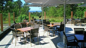 Un patio al aire libre con mesas y sillas, cubierto por sombrillas, con vistas a un paisaje pintoresco.