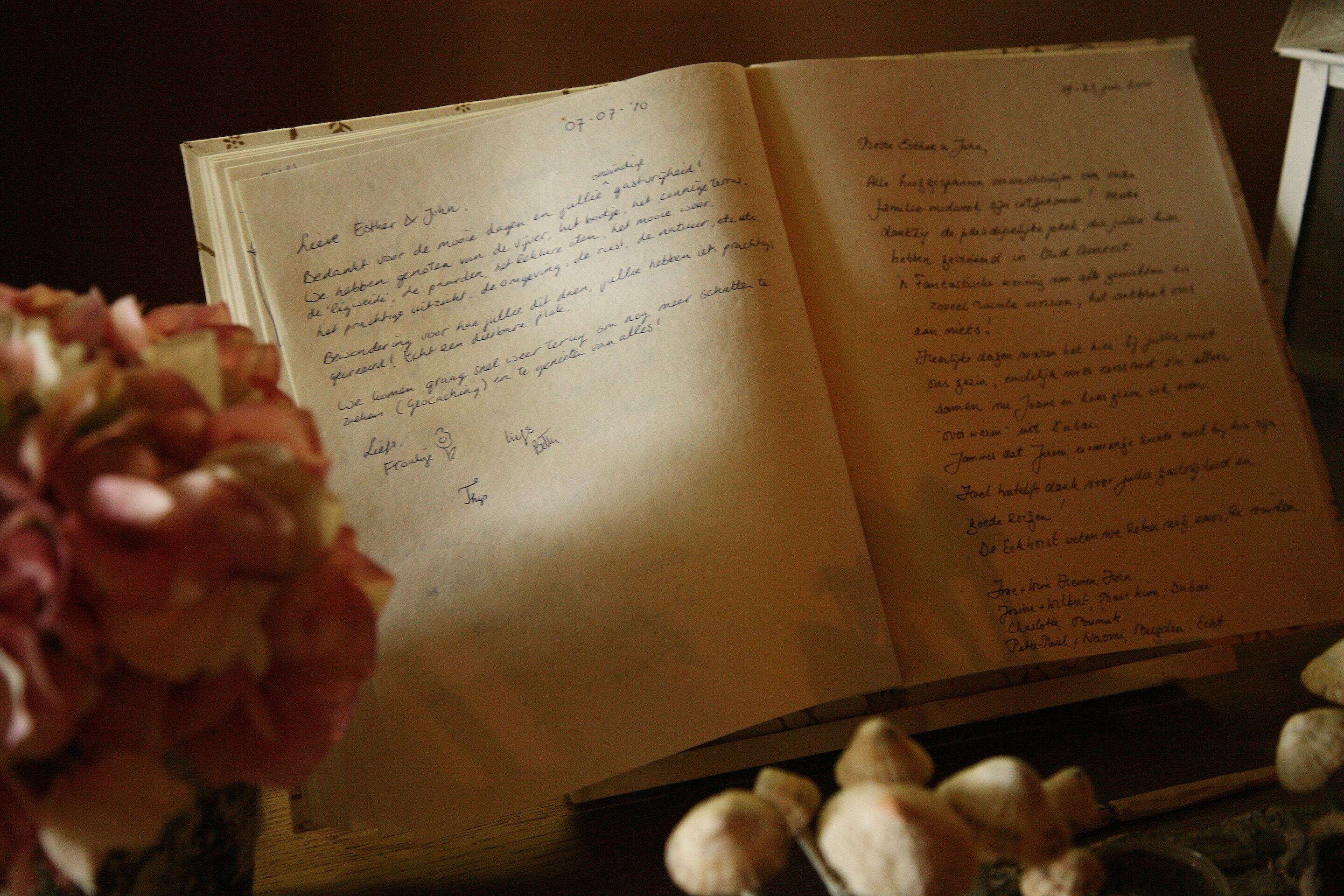 Un livre ouvert, dont les pages sont couvertes d’écriture manuscrite, est posé sur une surface sur laquelle se trouvent un vase de fleurs et un petit objet décoratif.