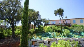 A building with a stone wall, a tall cypress tree, and various shrubs. - Family-friendly Villa With Pool (Roquebrune-sur-Argens)