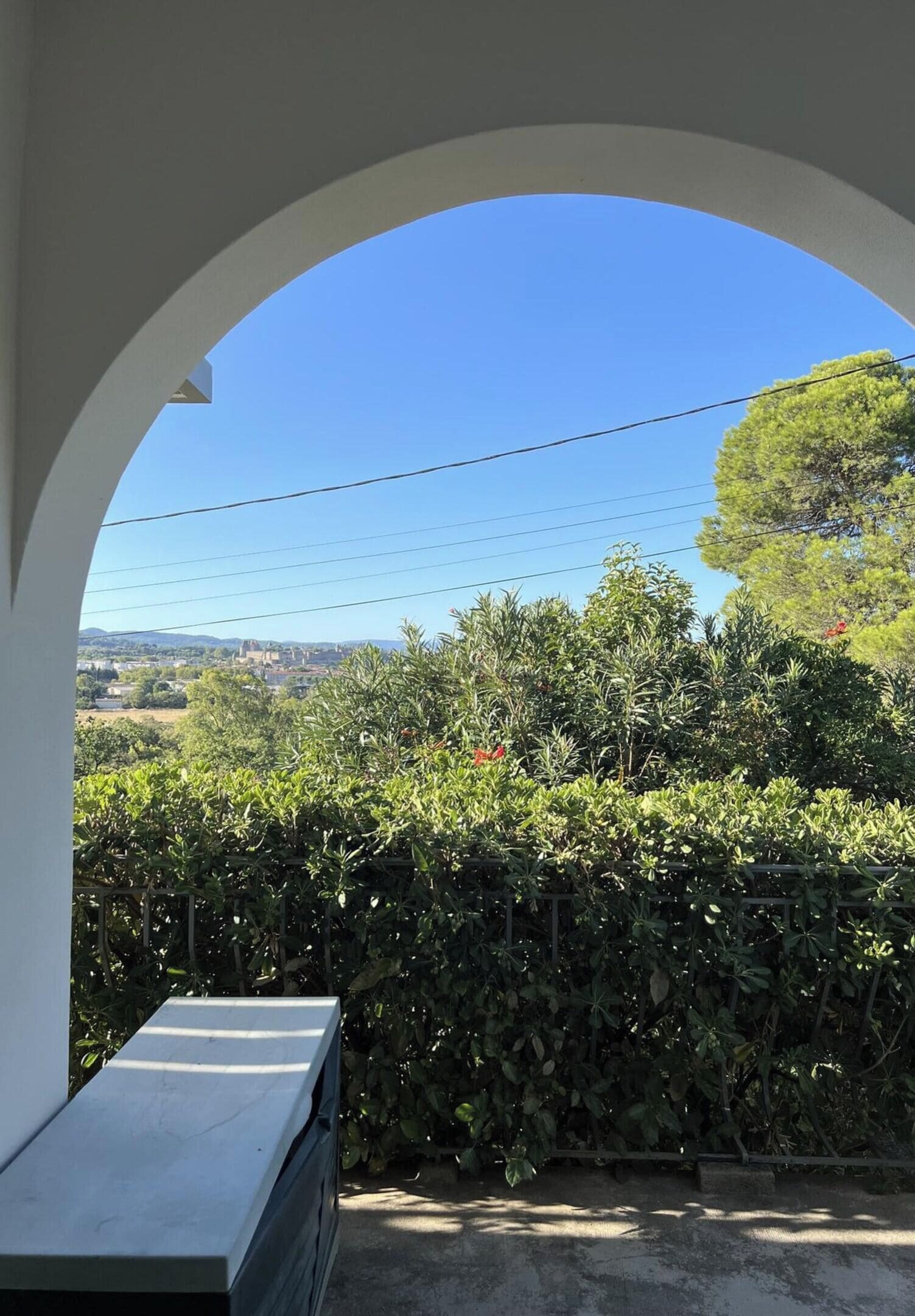A view through an arched window overlooking a lush garden and a distant town.