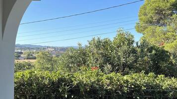 A view through an arched window overlooking a lush garden and a distant town.