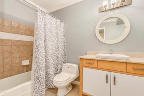 Hair dryer, towels, soap, shampoo