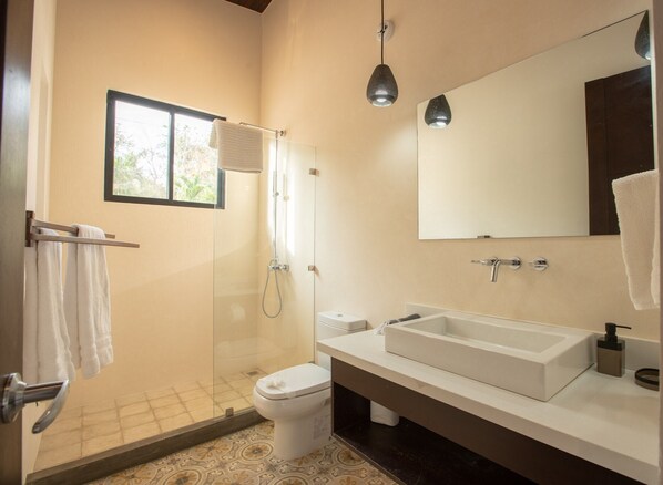 A modern bathroom with a glass-enclosed shower, a white toilet, a large mirror, and a white sink.