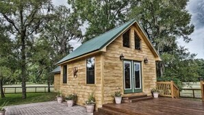 A wooden cabin with a green roof, a front door, and a small porch with potted plants.