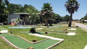 A miniature golf course with multiple holes, surrounded by green grass and palm trees.
