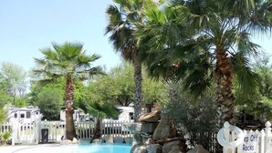 Una piscina rodeada de palmeras y una valla blanca.