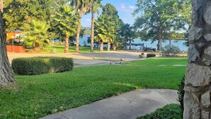 Un parque con un paseo pavimentado, palmeras y vistas a un lago.